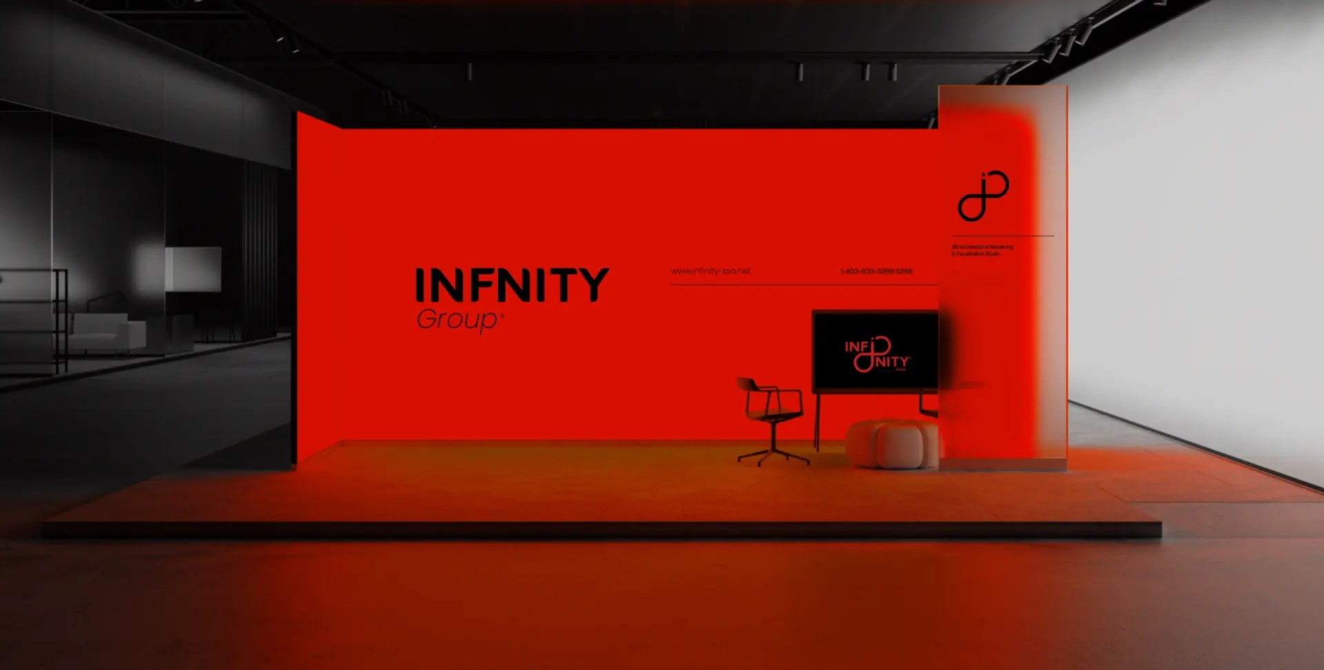 مساحة عرض مؤسسية بهوية Infinity Group باللونين الأحمر والأسود